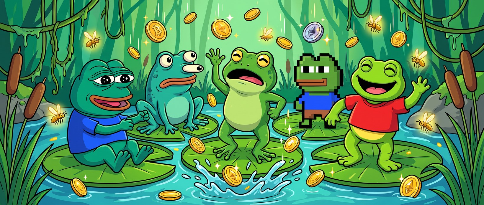 The five FROGZI frogs partying in the swamp